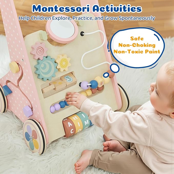 Pink Baby Push Walker for Girls 10+ Months, Wooden Baby Walker Push Toy with Storage, Learning to Walk, Montessori Walker Toy with Wheels, Toddler Activity Center for 12-18 Months