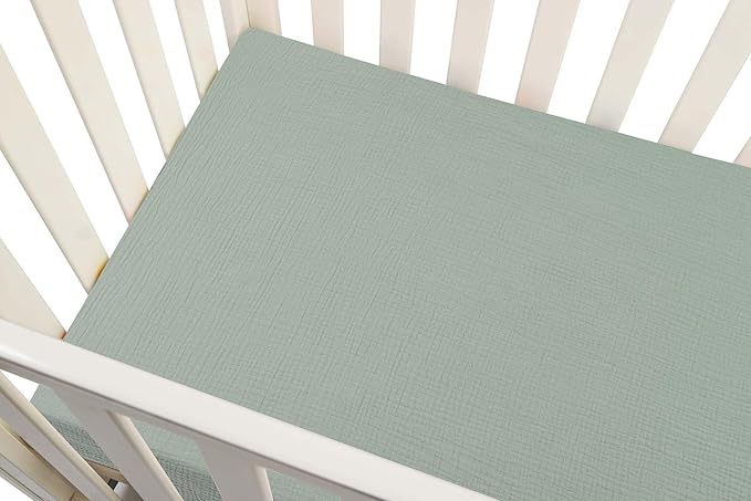 Onacosht Muslin Mini Crib Sheets, 39" x 27" Pack and Play Mattress Sheets Fitted for Pack N Play, Soft Cotton for Boys Girls, 2 Pack, Dinosaur and Light Green