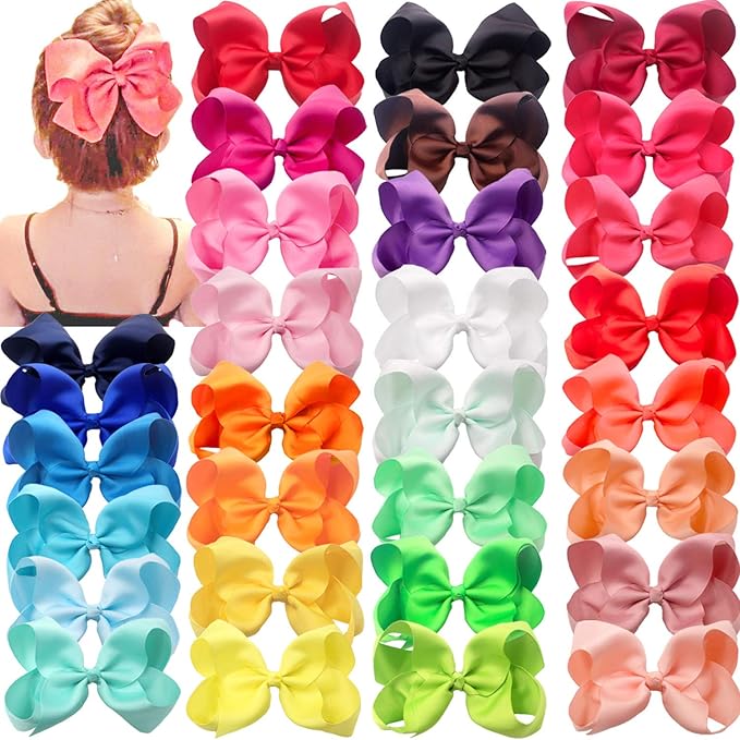 CÉLLOT 30Pcs Big 6 Inch Hair Bows for Girls Grosgrain Ribbon Bow Toddler Back to School Hair Accessories with Alligator Clips for Toddlers Schoolgirls Kids Teens