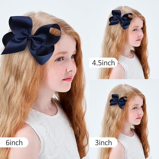 Hair Bows for Girls Alligator Clips Navy Blue Grosgrain Ribbon Solid Color Hair Accessories for Little Teen Toddler Girls Kids (6inch ×2, 4inch ×2, 3inch ×2)