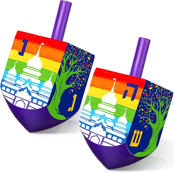 Wonderjune 2 Pcs Hanukkah Dreidels Extra Large Wooden Dreidel for Hanukkah Decoration with English Transliteration, Forever Spinning Tops Party Favors(Temples)