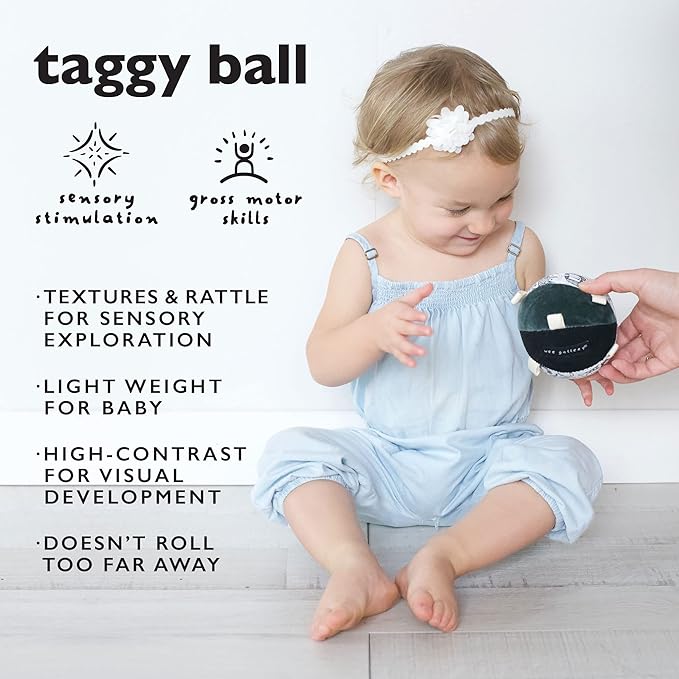 Wee Gallery Taggy Ball with Rattle, Soft Sensory Baby Toy, Sensory Ball with Organic Cotton Fabric, Little Tags & Gentle Rattle for Tummy Time, Grasping & Developmental Play, Nordic
