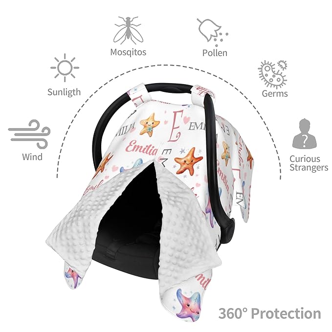Custom Baby Car Seat Canopy Personalized Car Seat Covers with Name for Baby Boys Girls Customized Starfish Nursing Breastfeeding Cover Infant Carseat Canopies Newborn Minky Baby Blanket