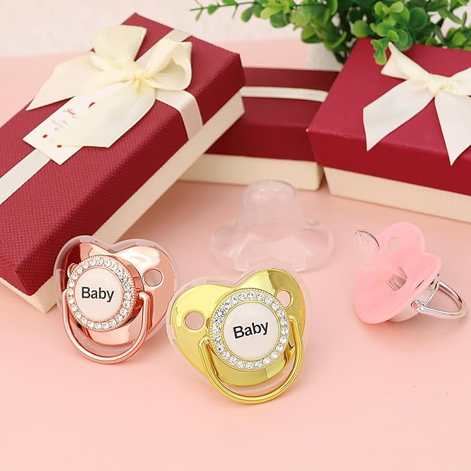 Personalized Pacifier with Name, Bling Gold Pacifier Clip Set Storage Box, Customized Glitter Crystal Luxurious Soother Ideal Gift for Boys Baby Shower Photography Newborn (Blue-Green)