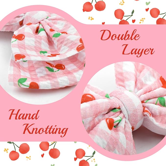 3 Pcs Baby Girl Headbands 4.5’’ Pink Bows Cherry Hair Accessories Summer Outfits for Newborn Infant Toddler Girls Clothes