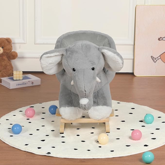Elephant Baby Rocking Horse for Toddlers 1 Years to 3 Years, Stuffed Plush Ride-on Rocking Animal with Realistic Sound and Music, Wooden Rocking Horse with Seat, Grey Elephant, CPC Certified