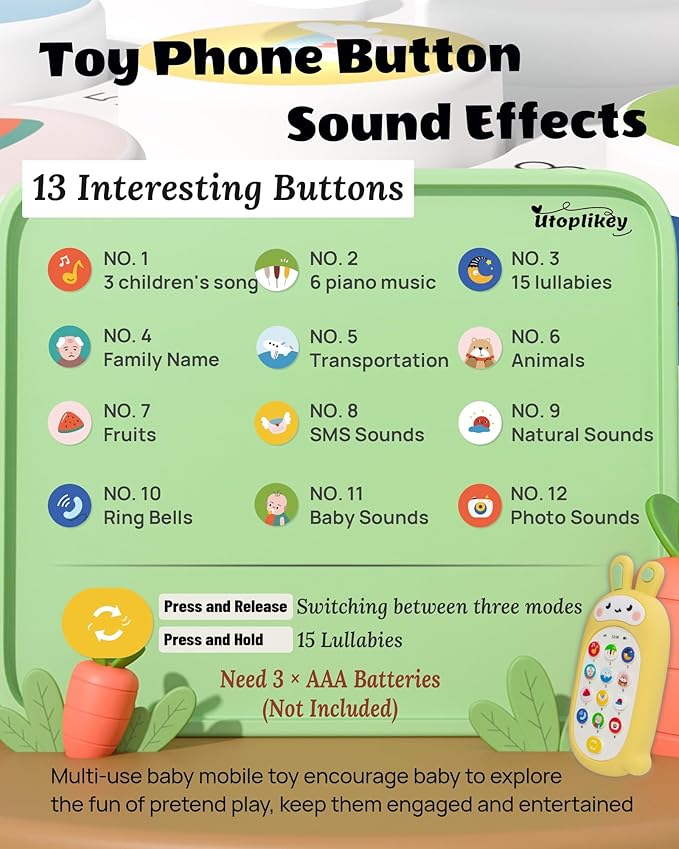 Baby Cell Phone Toy with Teething Silicon Mobile Phone Shell, Sensory Comfort Toys with 12 Learning Modes & Soothing Lullabies, Gift for Toddler Infants Baby Shower Birthday (Yellow Bunny)