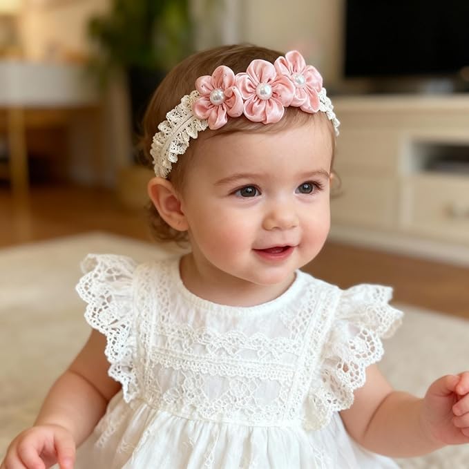 Handmade Baby Girl Headbands in Beige and Pink Lace Flowers for Newborns and Toddlers Cute Baby Girl Flowers and Newborn Headbands (Pink Pearl Flowers, One Size)