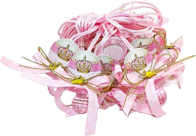 RBN Baby Shower Acrylic Pacifier Crown Ribbon Polka Dot Necklaces Baby Shower Game Favors Prize Decorations Girl - Pink- 12PCS