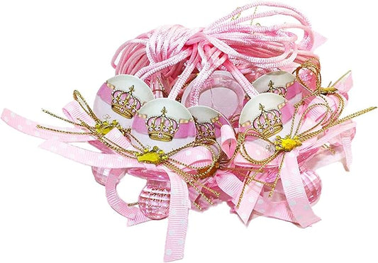 RBN Baby Shower Acrylic Pacifier Crown Ribbon Polka Dot Necklaces Baby Shower Game Favors Prize Decorations Girl - Pink- 12PCS