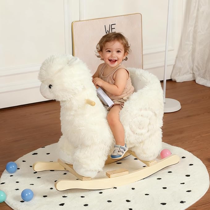 Alpaca Baby Rocking Horse for Toddlers 1 Years to 3 Years, Stuffed Plush Ride-on Rocking Animal with Realistic Sound and Music, Wooden Rocking Horse with Seat, Cream Alpaca, CPC Certified