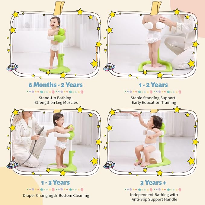 Baby Shower Stand, Toddler Bath Standing Support with Anti-Slip Base and Shower Holder, Adjustable Height, Soporte para Bañera de Bebé, Ideal Gift for Infants 6-36 Months-Green (Upgraded-Frog)
