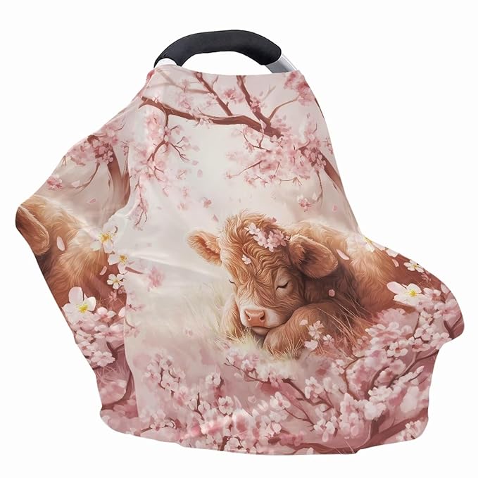 Wanyint Highland Cow Flower Pink Infant Car Seat Cover Cute Car Seat Cover for Babies, Carseat Canopy Baby Breastfeeding Stroller High Chair Shopping Cart Cover