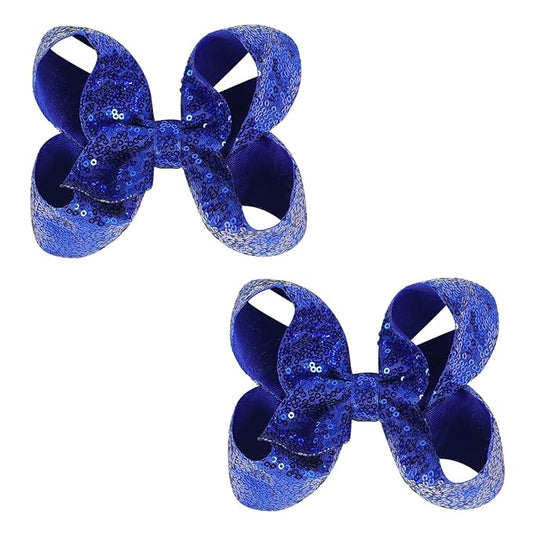 6 Inch Royal Blue Sparkly Glitter Sequin Hair Bows for Girls Toddlers Kids Children Teenage (2PCS)