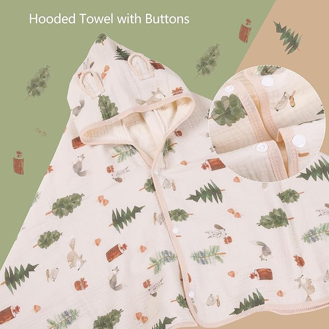 Toddler Bath Towel - Soft Muslin Baby Towel with Hood 25x51 Inches - Absorbent Hooded Bath Towel for Infant & Toddler 0-4 Years - Cute Animal Beach Towel (Forest Squirrel)