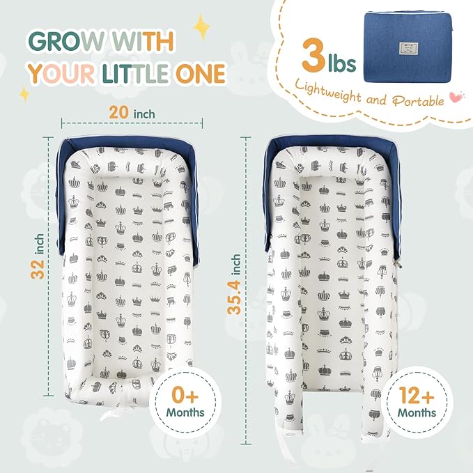 Portable Baby Lounger - Foldable Infant Lounge with Adjustable U-Shaped Bumper & Storage Bag, Breathable Cotton Snug Spot for Supervised Rest & Play at Home or On The Go,Blue Crown