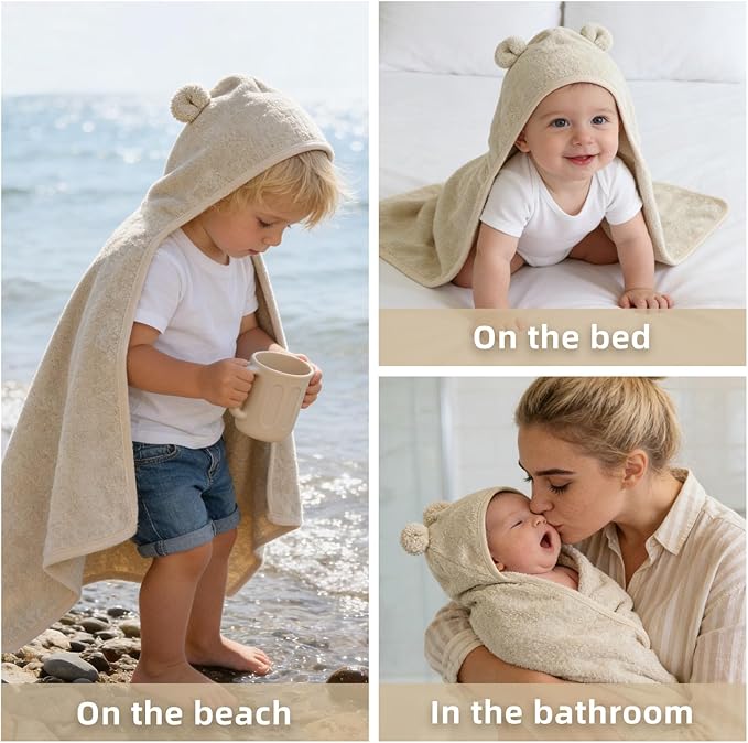 LifeTree 1 Pack Baby Hooded Towel with 1 Pack Washcloth for Newborn, 100% Cotton Bath Towel for Babies, Infant, Toddler and Kids, Thick,Soft and Absorbent, 30 * 30 Inches, Newborn Essentials, Khaki