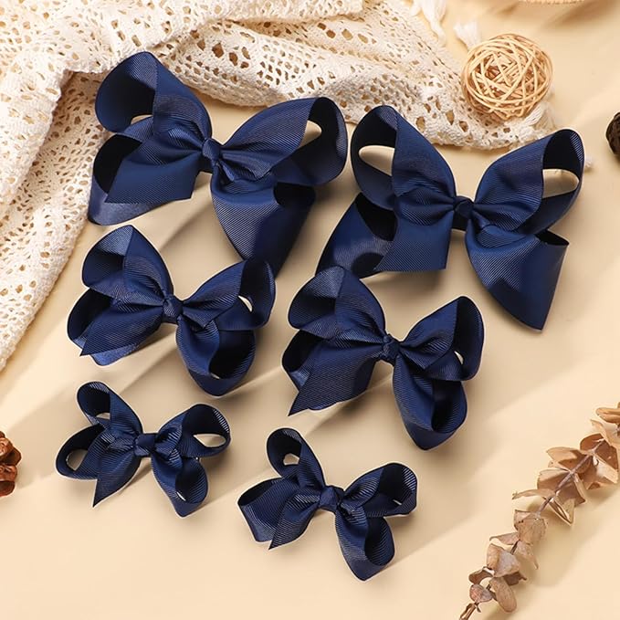 Hair Bows for Girls Alligator Clips Navy Blue Grosgrain Ribbon Solid Color Hair Accessories for Little Teen Toddler Girls Kids (6inch ×2, 4inch ×2, 3inch ×2)