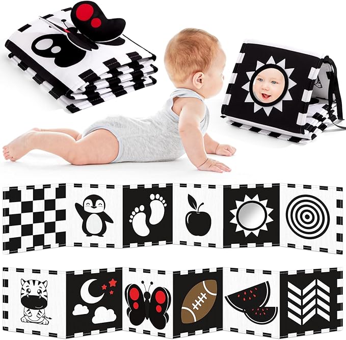 Yeeeasy High Contrast Baby Book and Sensory Toy Set for 3 Months – Soft Crinkle Pages, Tummy Time Development, and Safe Mirror for Visual Stimulation – Ideal Newborn Gift for Boys and Girls