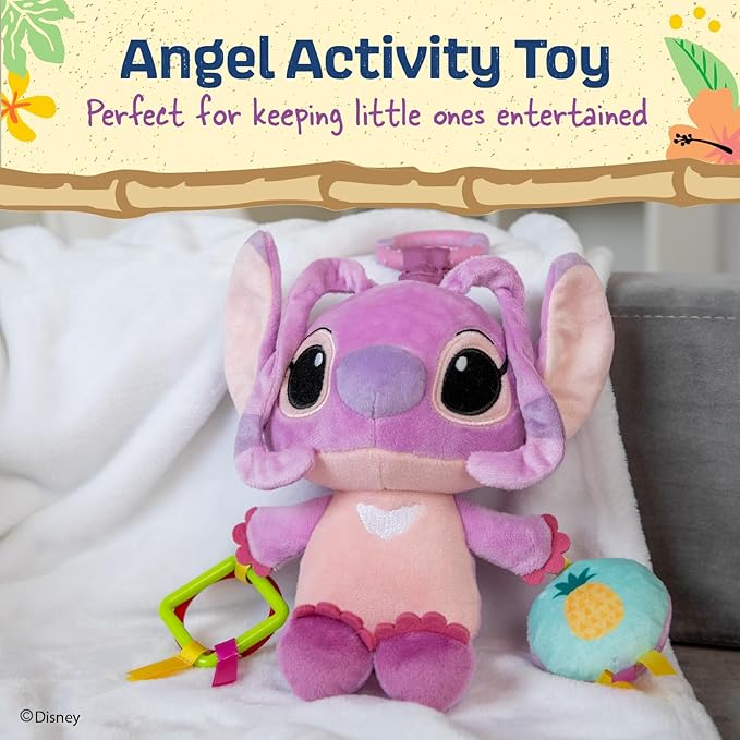 Kids Preferred Disney Baby Lilo and Stitch Angel On The Go Activity Toy with Teether Rings, On The Go Clip, Crinkle Texture, and Mirror