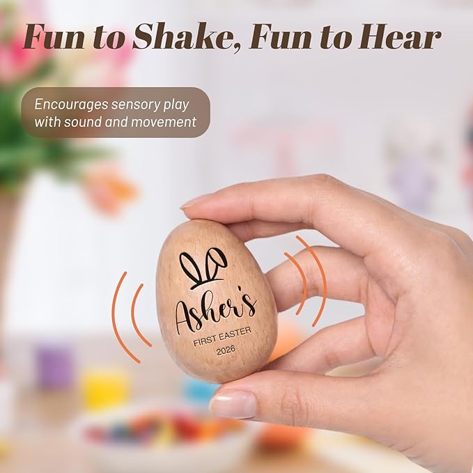 Custom Musical Easter Egg Shaker with Engraved Name, First Easter Gifts for Baby 2026, Wooden Easter Egg Basket Stuffers for Kids, Fake Eggs for Egg Hunt Prize Decor Party Baptism Gift