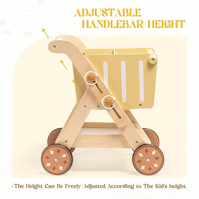 ROBOTIME Baby Walkers for Boys, Wooden Shopping Cart Toy for Toddler Kids, Height-Adjustable Wooden Push Walker, Sit to Stand Walker for Baby Learning to Walk