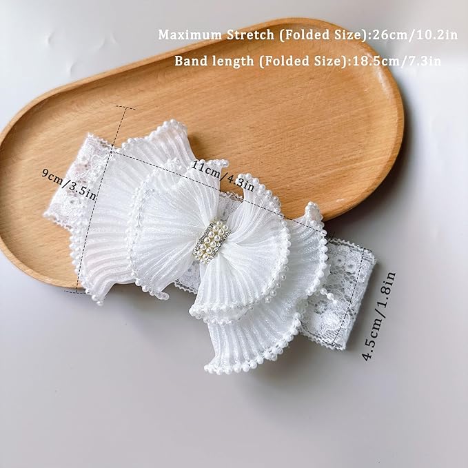 Baby Girls Headband White Bow Lace Headbands Soft Elastic Bowknot Hairbands Cute Hair Accessory for Newborn Kids Infant Toddler Baptism Birthday Party (Wide Lace)