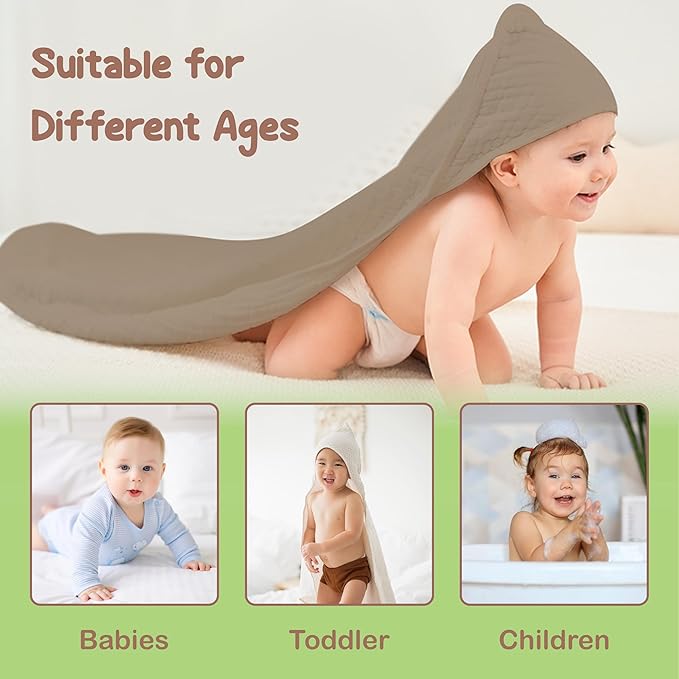 100% Organic Cotton Muslin Baby Hooded Towels 32x32 Inch – 2 Pack Soft & Absorbent Hooded Baby Towels For Boys & Girls, Premium Hooded Towels, Ultra-Gentle Baby Essentials in Deep Olive/Ivory