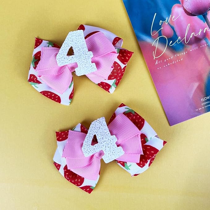 Birthday Hair Bow for Baby Girls - 2Pcs Pink Strawberry Hair Clips for 4th Birthday Baby Bow Party Decorations for Girls Toddlers Hair Accessories