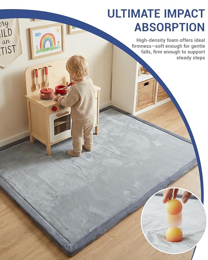 Baby Play Mat for Floor,1.3" Thick 47x47 Play Mat for Playpen,Tummy Time Foam Mats,Plush Soft Padded Playmate for Babies 6-12 Months Crawling,Non-Slip Nursery Rug for Toddler Kids Playroom(Grey)