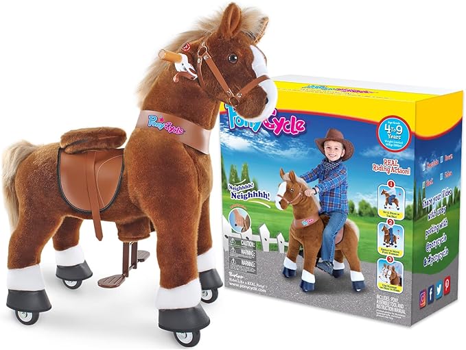 PonyCycle Ride on Horse Pony Kids Ride on Toys Classic Model U (with Brake/ 36" Height/Size 4 for Age 4-7) Riding Horse Walking Horse Toy Plush Brown Ux424