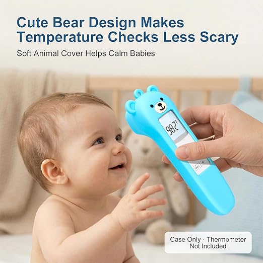 Cute Bear Silicone Thermometer Case Compatible with GoodBaby No-Touch Thermometer, Soft Anti-Drop Protective Cartoon Animal Cover Helps Calm Babies During Temperature Checks - Blue