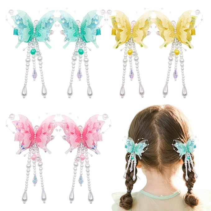 6-piece set of pearl bow tassel hair clips. Highlight the girl's gentle and sweet style. Suitable for girls and children. 3color combinations for butterflies: yellow, green, and pink