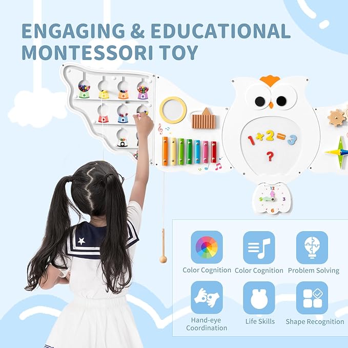 HONEY JOY Owl Activity Wall Busy Board Panels, Wooden Sensory Wall Panel for Kids, Toddler Learning Activity Center, Ideal for Playroom Daycare Nursery Classroom Dentist Office (White)