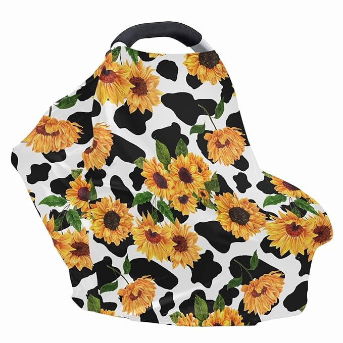 Coldinair Cow Sunflower Print Car Seat Cover for Babies Girls,Soft Nursing Cover,Breathable Infant Carseat Canopy/Shopping Cart/High Chair/Stroller Covers