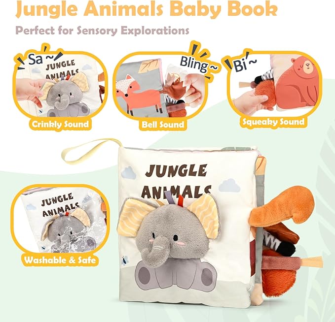Joyreal Spiral Car Seat Toys with Jungle Soft Book, Plush Rattles and Linking Rings, Stroller & Travel Toy for Newborns and Infants 0-12 Months Girls Boys