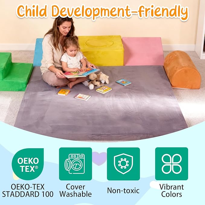 Foam Climbing Blocks for Toddlers with 47"x47'' Crawling Play Mat,7-Piece Soft Play Set for Babies,Kids Climbing Toys Indoor,Crawling,Sliding & Building in Playroom & Daycare,Gray & Multicolor