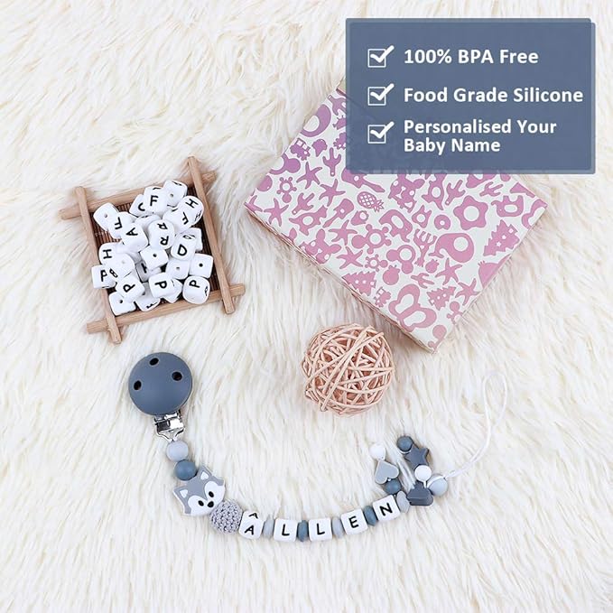 Personalized Pacifier Clip with Name for Baby, Customized Pacifier Clip Fits All Pacifiers, Cute Baby Birthday Christmas Gift, Grey Fox