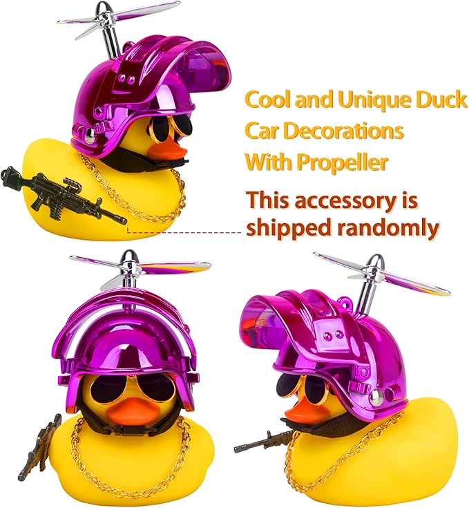 wonuu Rubber Yellow Duck Car Ornaments Cool Duck Car Dashboard Decorations with Propeller Helmet Sunglasses (Colorful Pink-Yellow G)