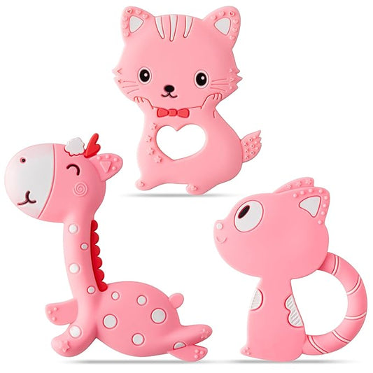 Valentine Silicone Teether for Babies - 2ooya 3Pcs Pink Cat Fox Giraffe Infant Teething Chew Toys, Easy to Grasp Toddler Sore Gums Pain Relief Toy for Newborn Boy Girl Baby Shower Valentine's Day Gift