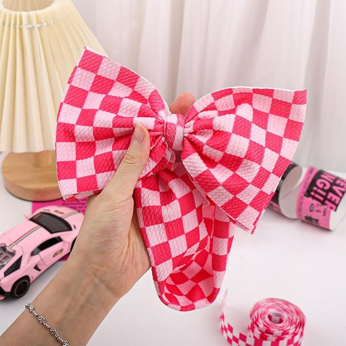 YanJie 7’’ Hot Pink Checkered Bow for Baby Girl Racing Bows Plaid Headbands for Newborns Infants Toddlers Two Fast Birthday Girls Hair Accessories