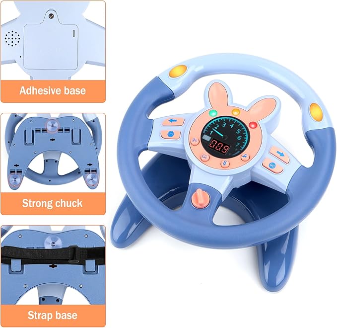 deAO Kids Steering Wheel for Backseat with Key Baby Toys Pretend Driving Simulated Steering Wheel Toy with Light and Music Gifts for Kids Toddlers Blue