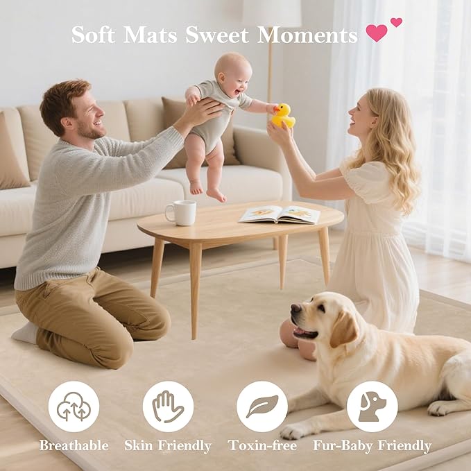 Baby Play Mat for Floor, 1.3"Thick Extra Large Cushioning Memory Foam Playpen Mat, Soft Coral Velvet Baby Crawling Mat with Non-Slip Backing for Toddlers,Infants,Kids,Yoga Mat (Khaki 59"×79")