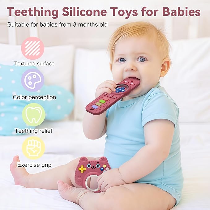 MISSLILI 2 Packs Teething Toy for Babies 0-6-9-12 Months, Silicone Baby Rattles Teether, Teething Relief Infant Toddles TV Remote Control Teether for 3-24 Months