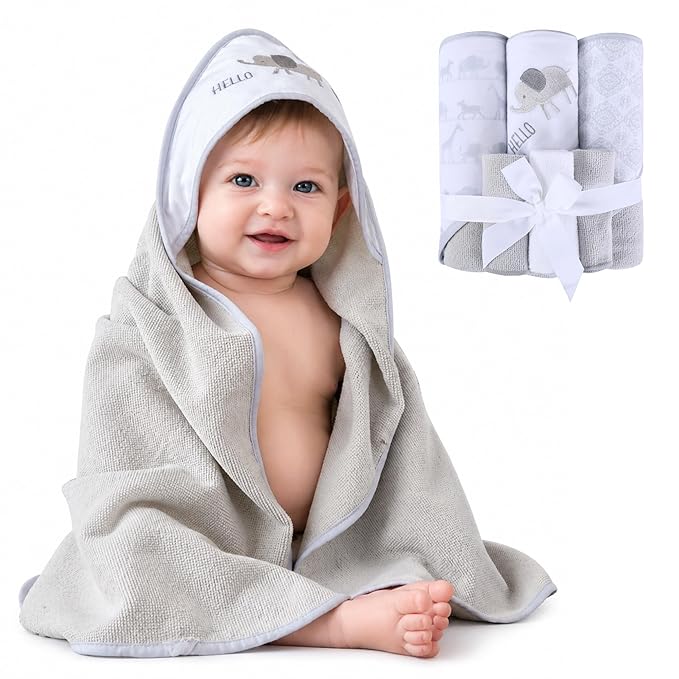 Viviland Baby Towels and Baby Wash Cloths Set Hooded Baby Towels Baby Wipes Absorbent Bath Face Towels Burp Cloths or Face Towels for Girl Boy 6-Pack Size 28 x 28 Inch(Grey Animal Friends)