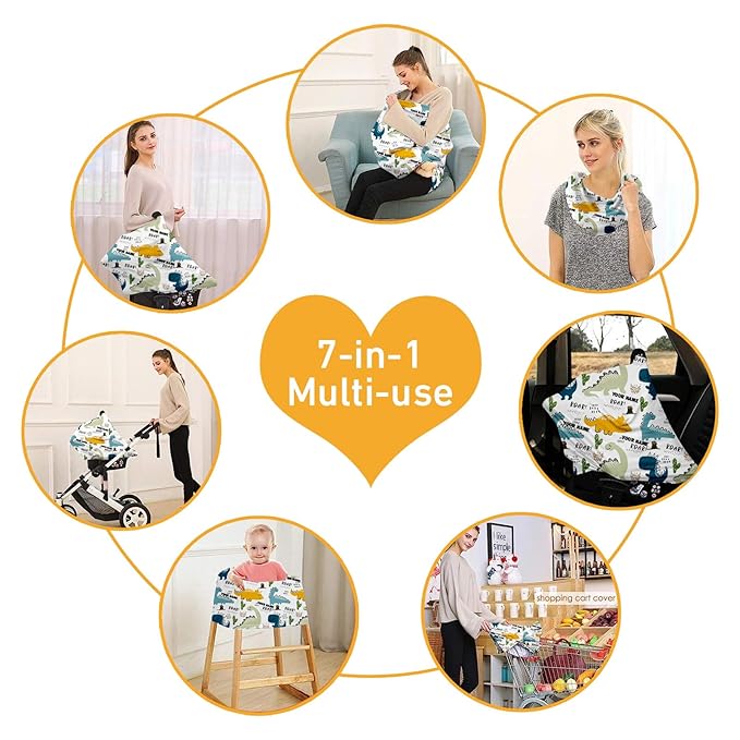 Personalised Car Seat Cover for Girls and Boys - 7 in 1 Multipurpose Breast Feeding Cover, Yellow Dinosaur Print Nursing Cover, Grocery Cart Cover - Birthday Gift for Babies(27"x29")