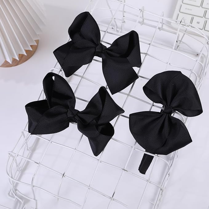 Bow Headband & 2 Pcs 4 Inch Hair Bows Set, Black School Hair Accessories for Little Toddler School Girls (Black)