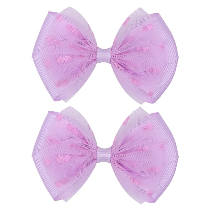 Tiny 3 Inch Dot Organza Double Hair Bow Clips - Cute Lined Boutique Alligator Hairpin for Girls, Toddlers, and Little Teens - Kids Barrettes Set of 2 Small Stylish (Purple)