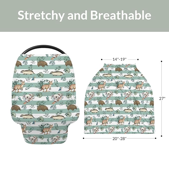 Australian Animals Tropical Leaves Car Seat Cover for Baby Koala Green Stripes Stretchy 5-in-1 Covers Adjustable Car Canopy Breastfeeding Cover Native Australia Breathable Nursing Cover-Up