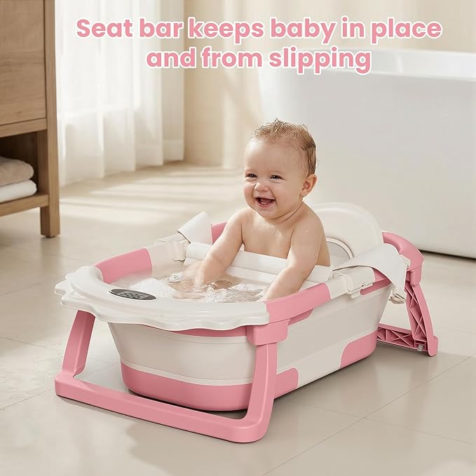 TPN 4-in-1 Grow-with-Me Collapsible Baby Bathtub, Baby Tub for Newborns to Toddler with Soft Floating Cushion & Thermometer, Portable Baby Bath Tub, Infant Bathtub for Bath Support in Tub,Pink